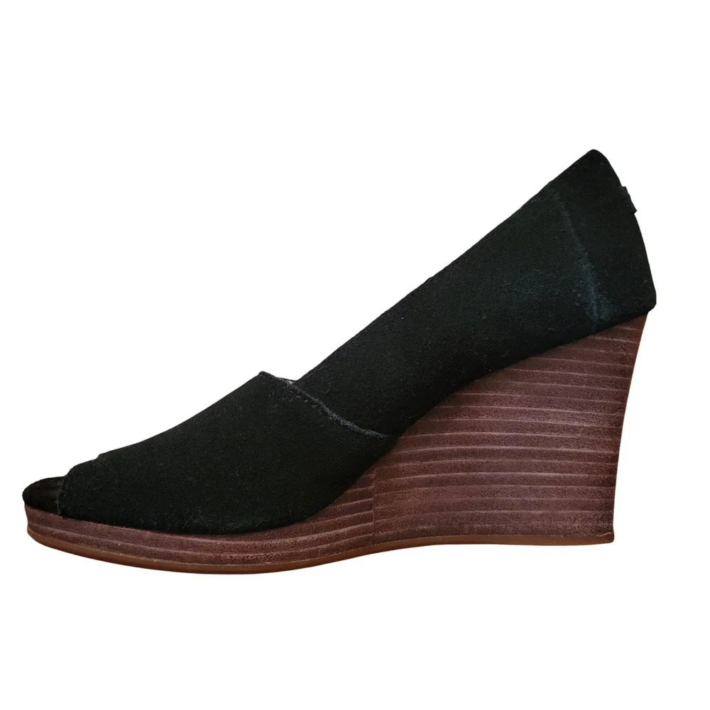 TOMS 7 Black‎ Suede Desert Wedge Peep Toe High Heels Shoes MICHELLE Espadrille